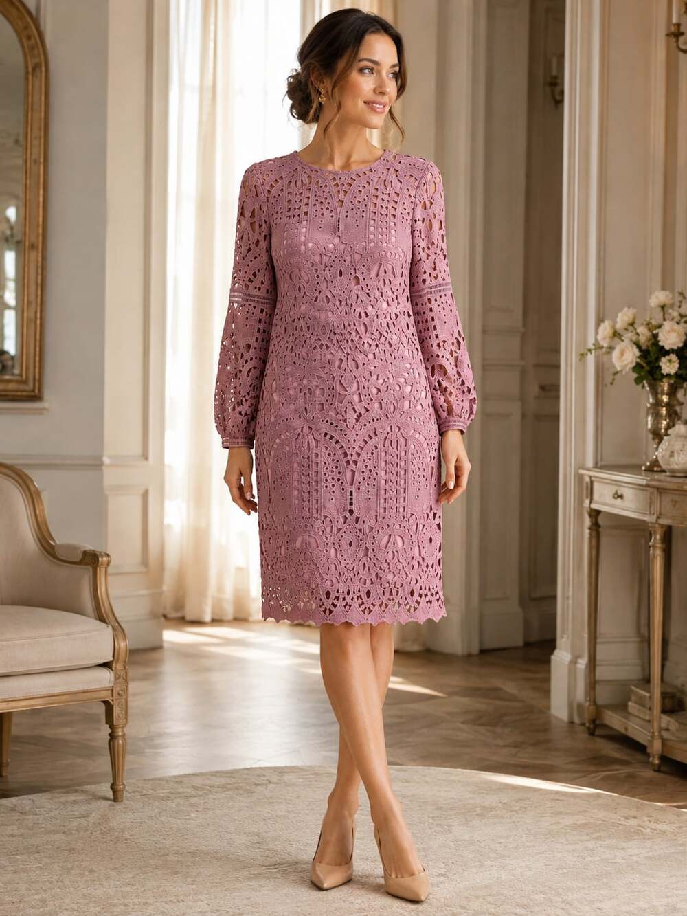JessaKae Mauve Crochet Lace Eyelet Long Sleeve Mini Dress Size S